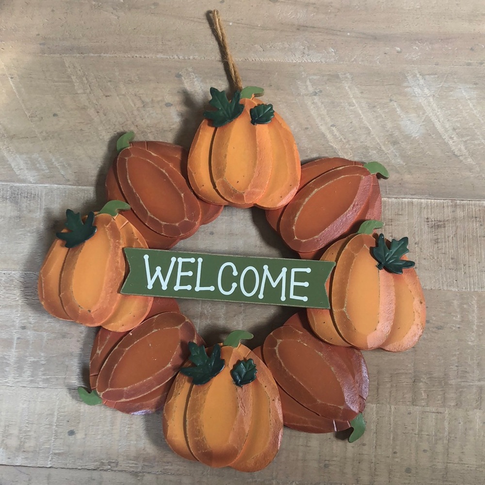 🍃 🎃 Wooden Pumpkin Wreath WELCOME Sign Like New Halloween & Thanksgiving 🎃🍃